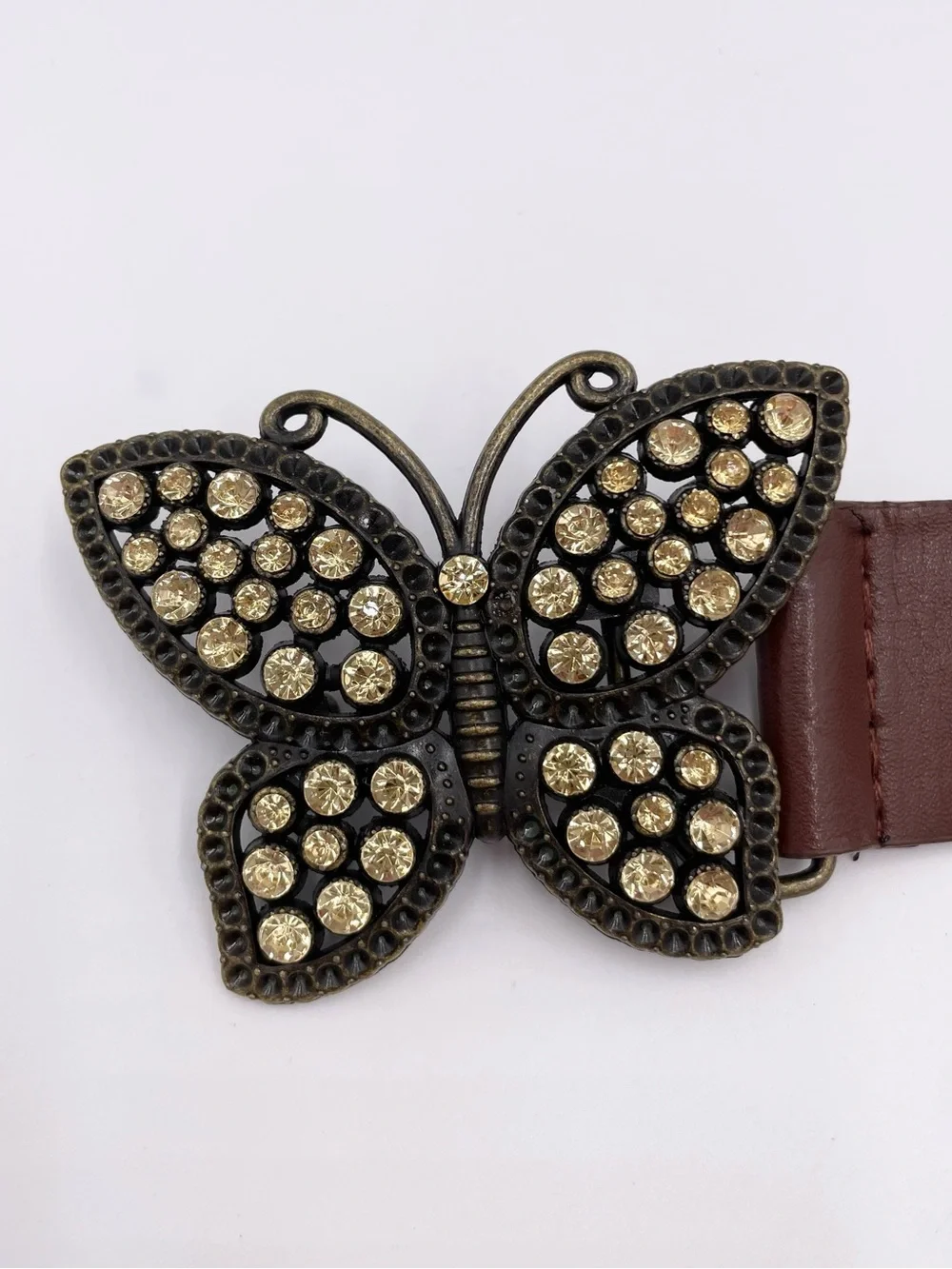 Vintage 90s Y2K Rhinestone Butterfly Buckle Belt Fairycore Boho Studded Jewels